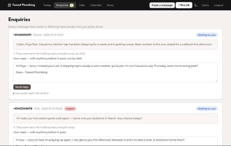 The enquiries screen: an enquiry triaged into useful details, with a reply drafted and waiting for approval.